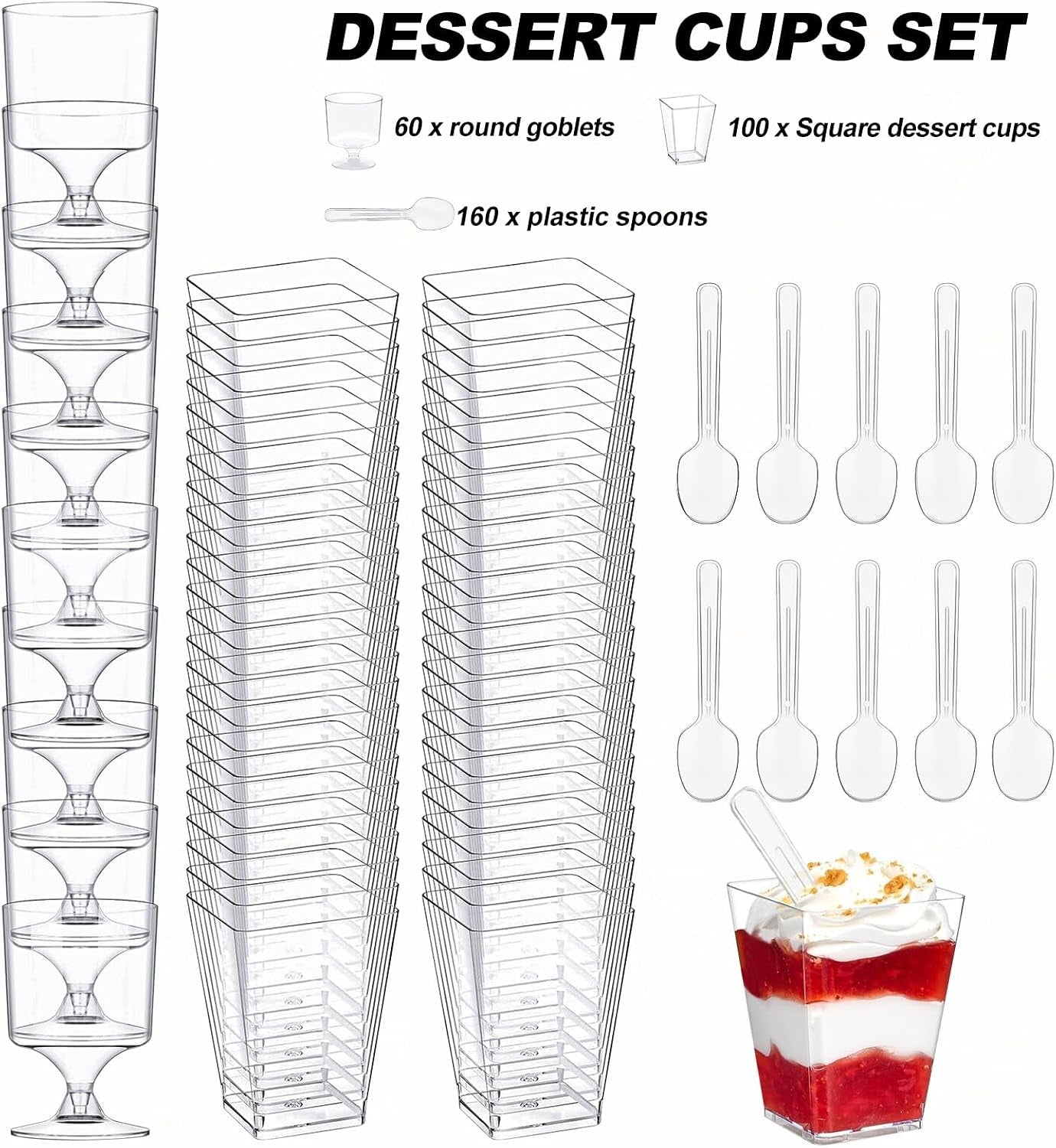 320-pack-dessert-cups-with-spoons-5-oz-mini-plastic-dessert-cups-for-party-yogurt-parfait-jello-fruit-appetizer-cocktail-small-clear-reusable-square-and-round-goblet-shaped-dessert-bowls-shot-glasses