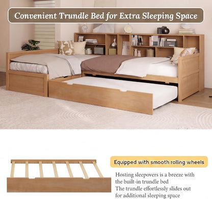 Twin Wooden L-Shaped Daybed with Trundle and Storage Drawer, Natural5