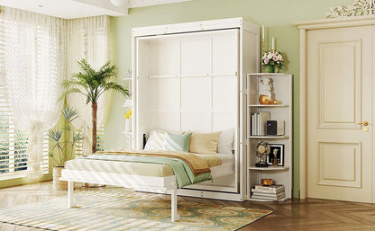 Rotating Queen Murphy Bed with Hidden Wall Cabinet, Dual 3-Tier Side Shelves, Convertible Desk, White5