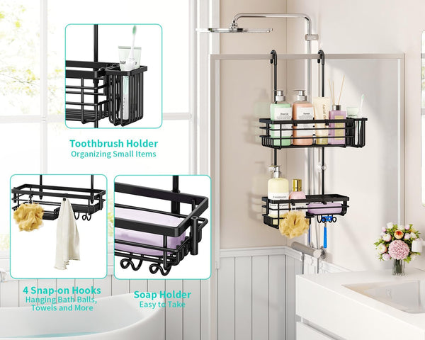 Hanging Shower Caddy – for Renters & Small Bathrooms, Fits Shower Curtain Rods, No Drilling, 2 Rustproof 304 Shelves, 4 Hooks, and a Detachable Toothbrush Holder You Can Rinse - Black2