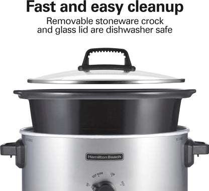 6 Quart Slow Cooker with 3 Cooking Settings | Dishwasher-Safe Stoneware Crock & Glass Lid | Silver | 33665G6