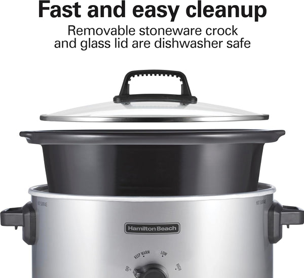 6 Quart Slow Cooker with 3 Cooking Settings | Dishwasher-Safe Stoneware Crock & Glass Lid | Silver | 33665G6