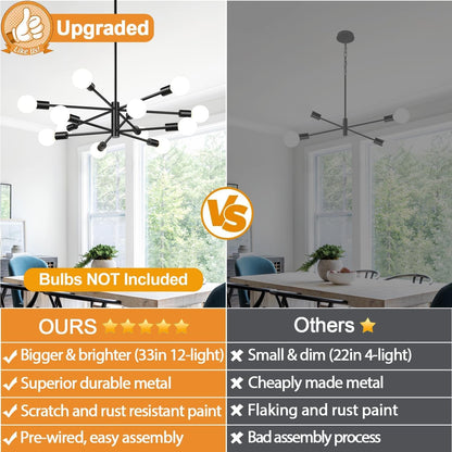 11"-52" Height Adjustable Modern Chandelier Ceiling Light Fixture, 12-Light Sputnik Chandeliers Matte Black Mid Century Chandelier over Table, Chandeliers for Dining Room Living (Bulbs Not Included)4