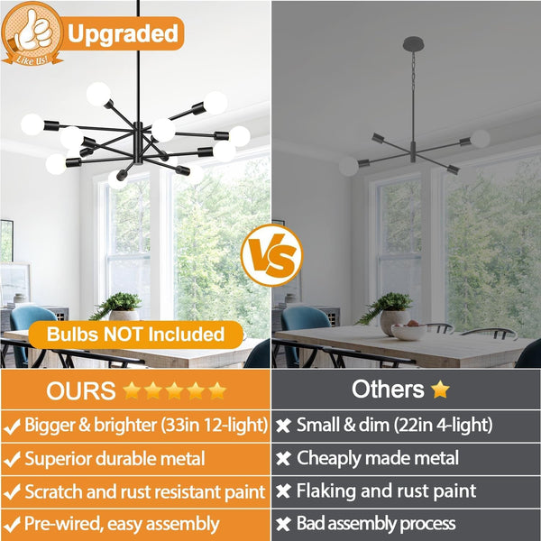11"-52" Height Adjustable Modern Chandelier Ceiling Light Fixture, 12-Light Sputnik Chandeliers Matte Black Mid Century Chandelier over Table, Chandeliers for Dining Room Living (Bulbs Not Included)4