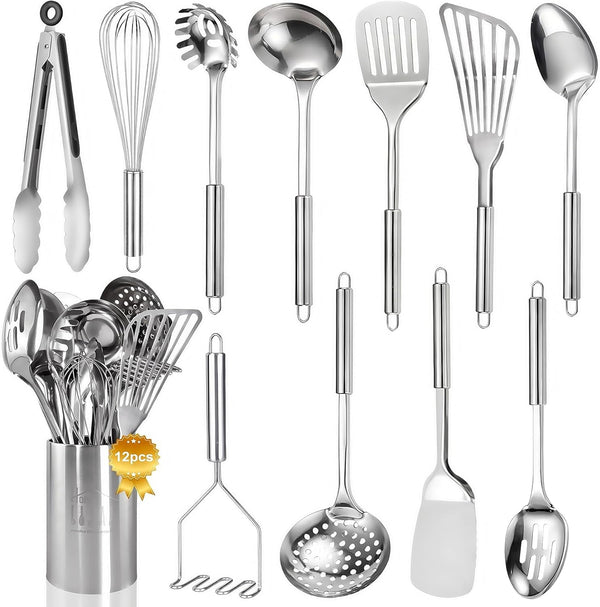 Stainless Steel Kitchen Utensils Set - 12Pcs Cooking Utensils Set with Holder, Heat Resistant Kitchen Tool Set for Cooking with Turners, Potato Masher, Spatula, Spoons, Tongs, Whisk1