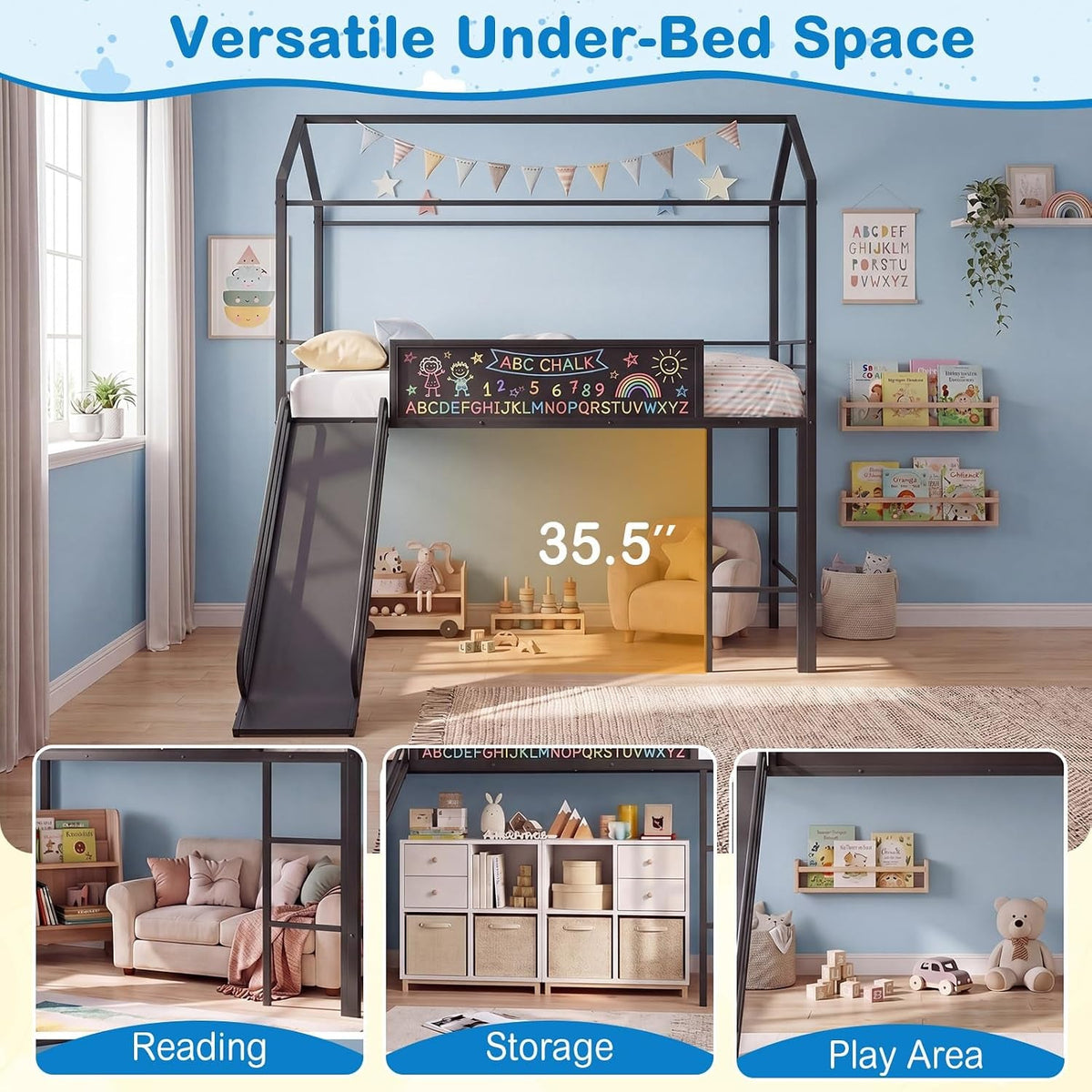 twin-size-house-loft-bed-low-loft-bedframe-w-roof-slide-ladder-chalkboard-sturdy-metal-slats-for-bedroom-dorm-kids-house-bed-for-boys-girls-no-box-spring-needed-black