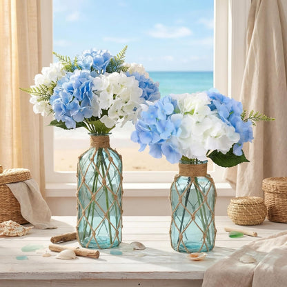 Set of 2 Coastal Glass Flower Vase with Boho Rope, Light Blue | Coastal Vase, Small Sea Glass Jar, Nautical Beach Bottle for Wedding Table Centerpieces Floral Arrangement Decor3