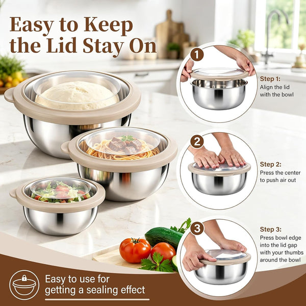 Mixing Bowls with Lids Set of 3, Khaki Stainless Steel Salad Bowl7