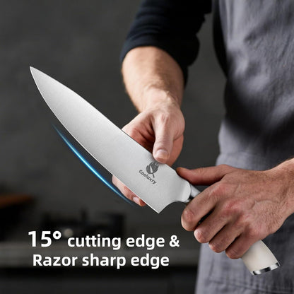 Professional White Chef Knife - 8 Inch High Carbon Stainless Steel Kitchen Knife with Ergonomic White Handle for Precise Cutting4