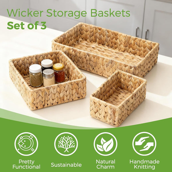 Wicker Storage Baskets Set of 3, Large and Small Wicker Pantry Baskets Set3