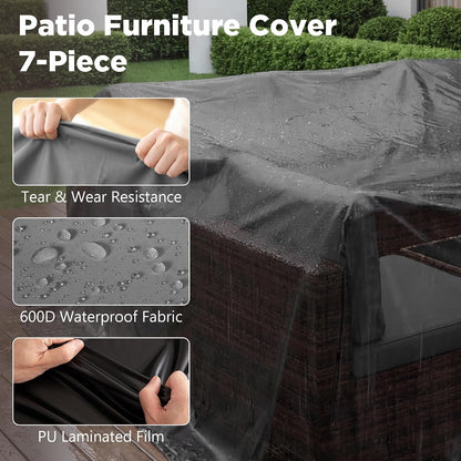 Patio Furniture Set with Rain Cover,7 Pieces Outdoor Wicker Rattan Patio Furniture, Wicker Rattan Outdoor Sectional Sofa Set with Coffee Table for Garden, Poolside Taupe-Grey8