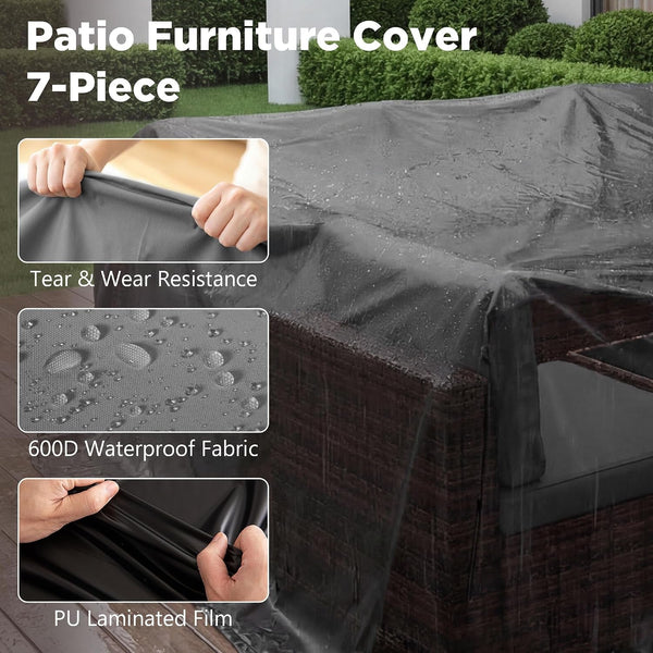 Patio Furniture Set with Rain Cover,7 Pieces Outdoor Wicker Rattan Patio Furniture, Wicker Rattan Outdoor Sectional Sofa Set with Coffee Table for Garden, Poolside Taupe-Grey8