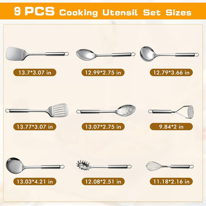 9 Pcs Cooking Utensils Set, Stainless Steel Kitchen Utensils, Heat Resistant Metal Kitchen Tools Include Solid & Slotted Spatula, Serving Spoon, Ladle, Pasta Server,Potato Maseher, Egg Whisk, Silver7