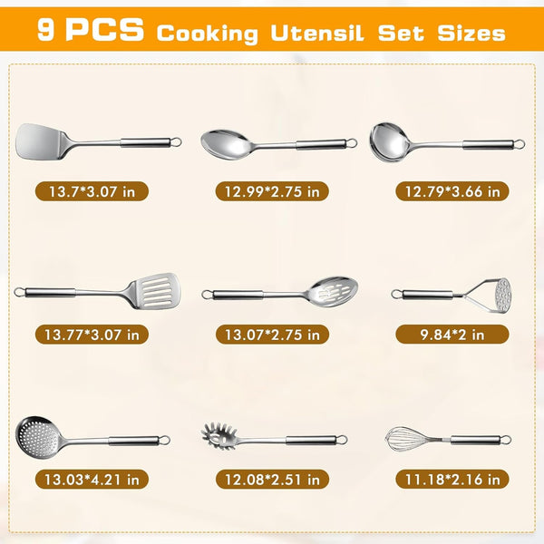 9 Pcs Cooking Utensils Set, Stainless Steel Kitchen Utensils, Heat Resistant Metal Kitchen Tools Include Solid & Slotted Spatula, Serving Spoon, Ladle, Pasta Server,Potato Maseher, Egg Whisk, Silver7