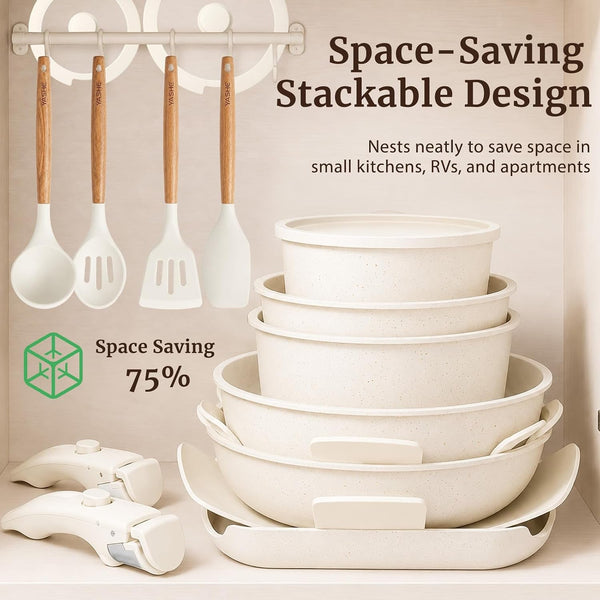 21Pcs Nonstick Pots and Pans Set with Detachable Handles, Oven Safe | Stackable Granite Cookware Set for Rvs, Camping, Induction Compatible, Non-Toxic Pfoa/Pfos-Free6