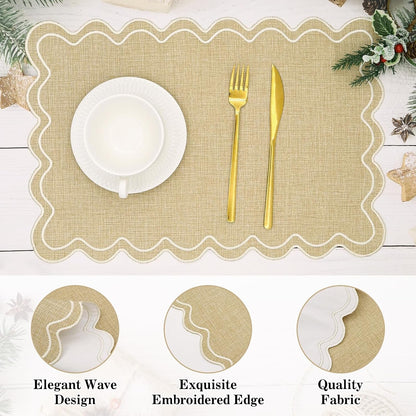 Set of 6 Cotton Linen Placemats, 13 X 19 Inch Scalloped Wavy Embroidered Placemat Double Layered Table Placemats Washable Rustic Table Mats for Dining Table Decor Kitchen Restaurant Hotel Party3