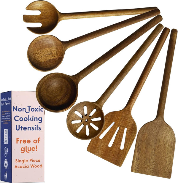 Non-Toxic Acacia Wooden Utensils Set, 6-Piece, Glue and Mineral Oil Free1