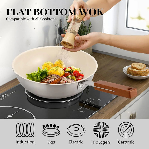 Ceramic Wok with Lid, 9.5 Inch Stainless Steel Nonstick Stir Fry Pan with Wooden Handle, Compatible with All Stovetops, PFAS Free4