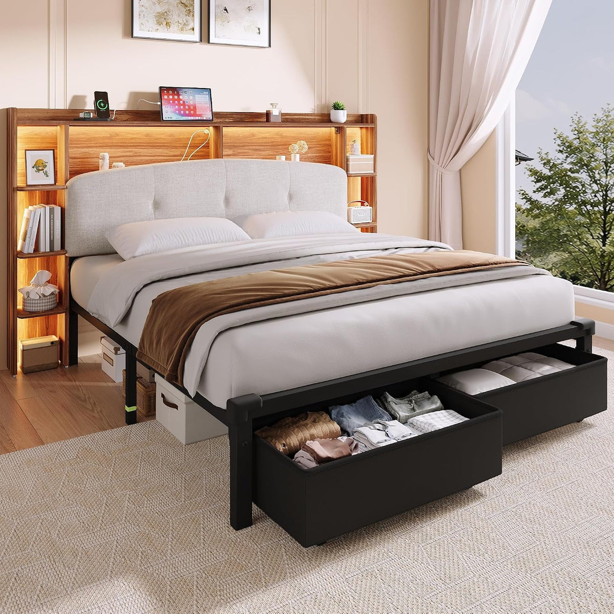queen-size-bed-frame-with-storage-upholstered-headboard-2-fabric-drawers-charging-station-rgb-led-lights-metal-platform-bed-no-box-spring-needed-rustic-brown