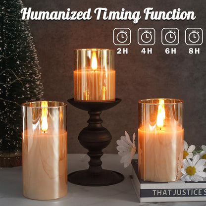 Rechargeable Gold Glass Flameless Candles, Flashing LED Pillar Real Wax Candle with Remote Control and Timer, Upgraded Teardrop Wick, LED Electronic Candles, 1 Set of 32