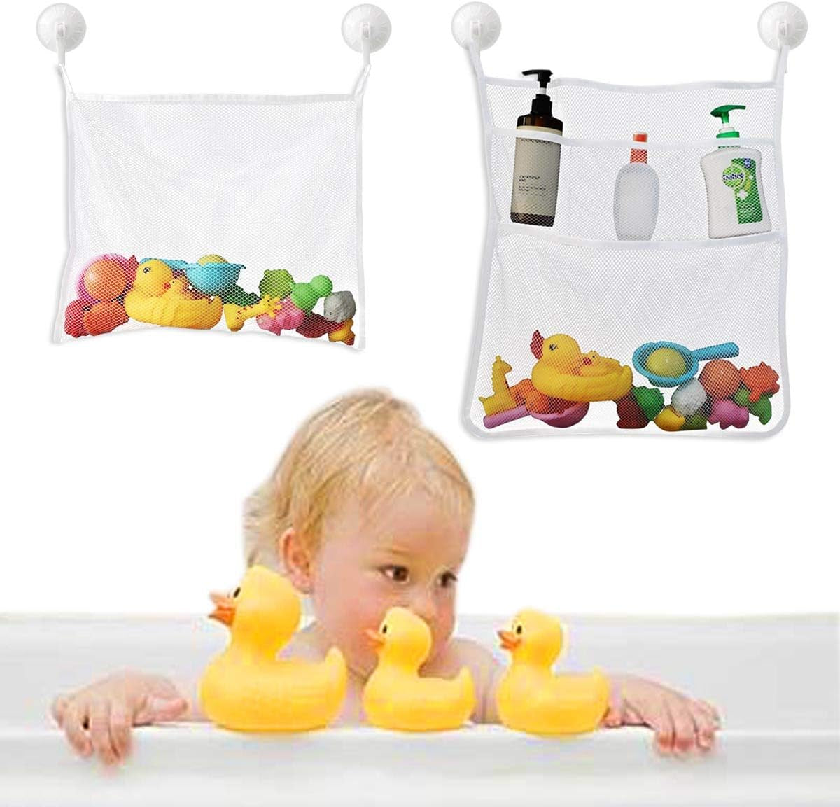 bath-toy-organizer-mesh-storage-organizer-baby-shower-toys-bathtub-net-bag-kids-quick-dry-bathtub-mesh-net-bathtub-toy-holder-2-x-bathroom-storage-bag-6-x-strong-suction-hooks-white