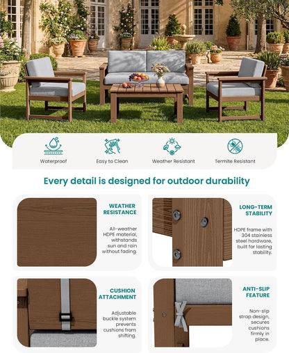 4 Pieces HDPE Outdoor Conversation Sofa Set with Cushions5