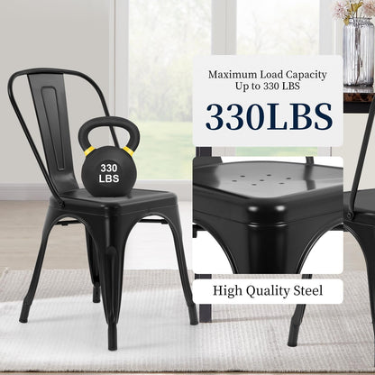 | Metal Dining Chairs | Set of 4, Black | 330Lbs Load | Stackable Tolix Side Chairs with Backrest | Non-Slip Feet | Indoor/Outdoor Use | Ideal for Kitchen & Restaurants6