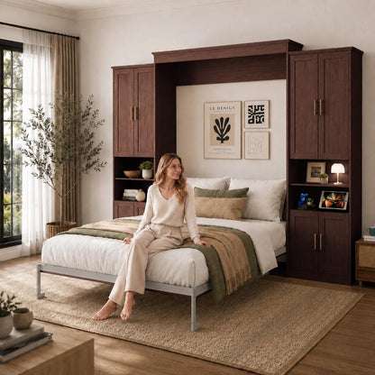 Murphy Bed Queen with 2 Storage Cabinets and USB Port, Walnut1