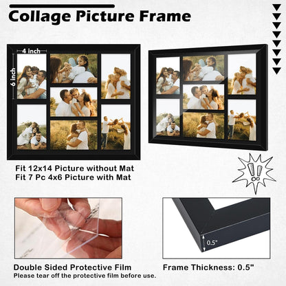 4X6 Picture Frame Collage for Wall, Display 7 Pcs 4X6 Photos with Mat or 12X14 without Mat, 7 Opening Photo Frame for 4 X 6 Pictures with Shatter Resistant Plexiglass, Black Mat, Black2