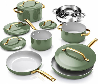 Modern 11 Pc Ceramic Cookware Set, Elegantly Designed Pots and Pans Set Non Stick with Steamer, Induction Bottom, Premium Stay Cool Handles, Non Toxic PFOA Free, Oven & Dishwasher Safe1