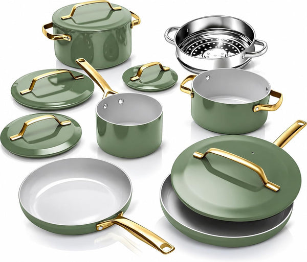 Modern 11 Pc Ceramic Cookware Set, Elegantly Designed Pots and Pans Set Non Stick with Steamer, Induction Bottom, Premium Stay Cool Handles, Non Toxic PFOA Free, Oven & Dishwasher Safe1