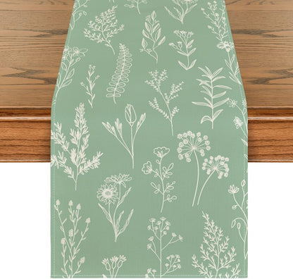 Sage Green Leaves Flowers Spring Table Runner, Seasonal Kitchen Dining Table Decoration for Home Party Decor 13X72 Inch1