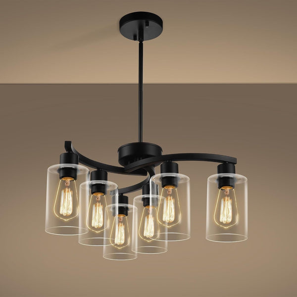 6-Light Modern Farmhouse Black Chandelier, Contemporary Dining Room Light Fixture, Adjustable Height Hanging Industrial Pendant Lights Kitchen Island, Clear Glass Shade1