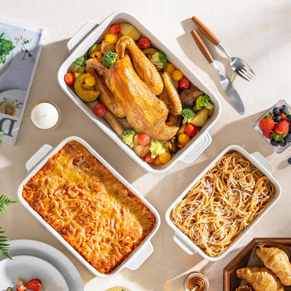 Casserole Dishes for Oven, Ceramic Baking Dishes Set of 3, Baking Pan Casserole Dish Set, Rectangular Lasagna Pan Deep with Handles for Baking, Khaki White (14.5''/13''/10.5''), Series TARA8