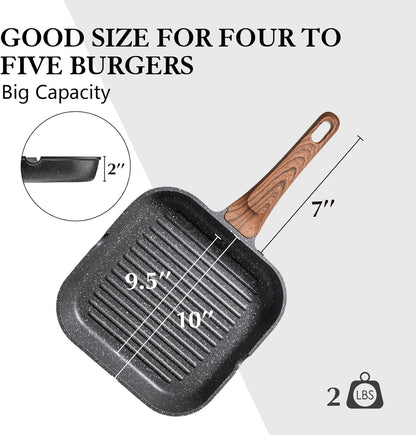 Nonstick Grill Pan for Stove Tops, Versatile Griddle with Pour Spouts, Square Big Cooking Surface, Durable Skillet Indoor & Outdoor Grilling. PFOA Free, 9.5 Inch7