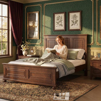 Wood Bed Frame Queen with Tall Headboard & Footboard, Traditional Queen Panel Bed with USB Charging Station for Bedroom, Guest Room, Easy Assembly, No Box Spring Required,Walnut1