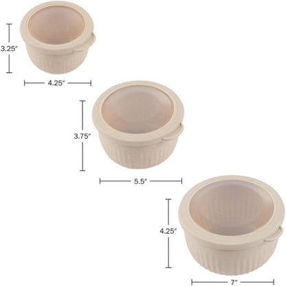 Bowls with Lids, Beige, Set of 3, 7”/5.5”/4.25”6