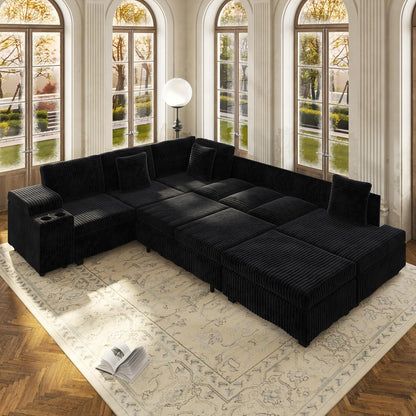 110" L-Shaped Oversized Plush Corduroy Modular Sectional Sofa with Pull-Out Bed, Convertible 6-Seater Sleeper Couch Bed with 1 Ottomans & USB & Cup Holders, Easy Assembly, for Living Room, Black4