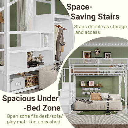 Queen Size Loft Bed with Stairs and Storage, Metal Loft Bed Frame with Bedside Shelf and Large Under-Bed Space, Heavy-Duty Loft Beds for Adults Teens and Kids, Convertible Staircase, White6
