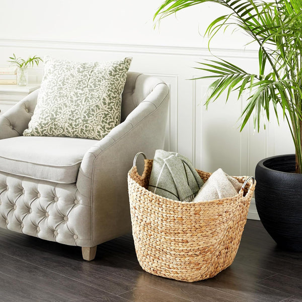Deco 79 Seagrass Handmade Decorative and Functional Storage Basket Large Woven Basket Organizer with Ring Metal Handles, Basket for Storage 21" X 17" X 19", Brown3