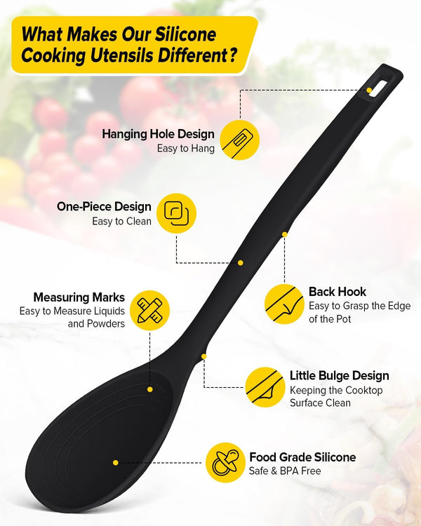Silicone Cooking Utensils Set, 9 Pcs Heat Resistant Kitchen Utensils with Back Hooks, BPA Free Kitchen Tools with Spatulas, Spoons, Skimmer and Pasta Fork for Non Stick Cookware (BLACK)2