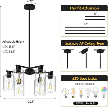 6-Light Modern Chandelier Chandeliers with Clear Glass Shade, Black5