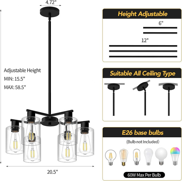 6-Light Modern Chandelier Chandeliers with Clear Glass Shade, Black5