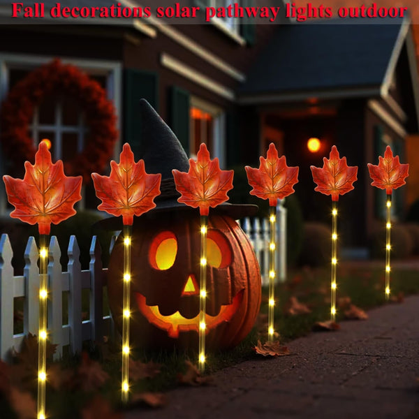 Fall Decor Solar Pathway Lights Outdoor Thanksgiving Decorations, 6 Pack Fall Leaves Solar Thanksgiving Maple Leaf Garden Stake Lights for outside Patio Yard Wedding Party Autumn Decor7