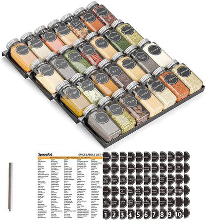 Spice Drawer Organizer with 28 Spice Jars, 386 Spice Labels, 4 Tier Seasoning Rack Tray Insert for Kitchen Drawers, 13" Wide X 17.5" Deep1