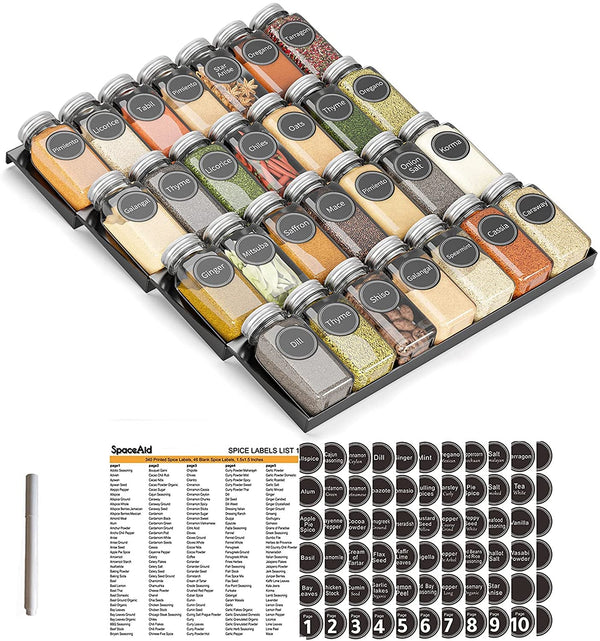 Spice Drawer Organizer with 28 Spice Jars, 386 Spice Labels, 4 Tier Seasoning Rack Tray Insert for Kitchen Drawers, 13" Wide X 17.5" Deep1
