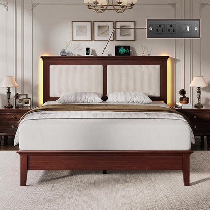 Queen Bed Frame with Headboard, Solid Wood Bed Frame Queen Size with Charging Station & RGB LED, Wood Slats Support, Noise-Free, Sturdy Structure, Easy Assembly, Mahogany3