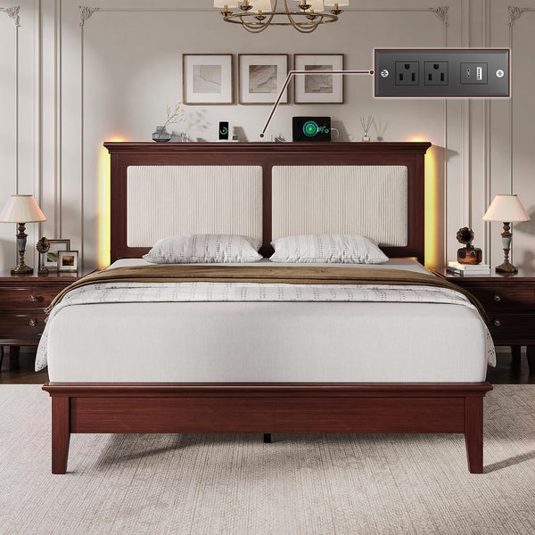 Queen Bed Frame with Headboard, Solid Wood Bed Frame Queen Size with Charging Station & RGB LED, Wood Slats Support, Noise-Free, Sturdy Structure, Easy Assembly, Mahogany3