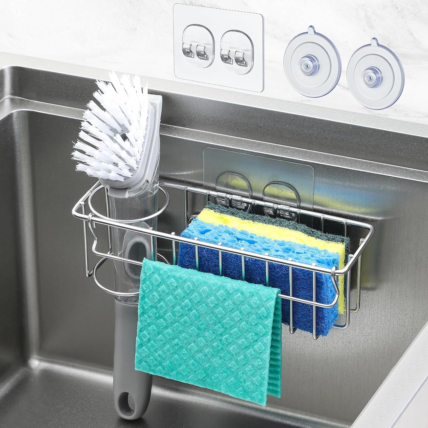 3-in-1-sponge-holder-for-kitchen-sink-with-suction-cups-adhesive-hook-in-sink-sponge-holder-wall-hanging-sink-caddy-organizer-rack-sponge-dish-cloth-brush-scrubber-304-stainless-steel