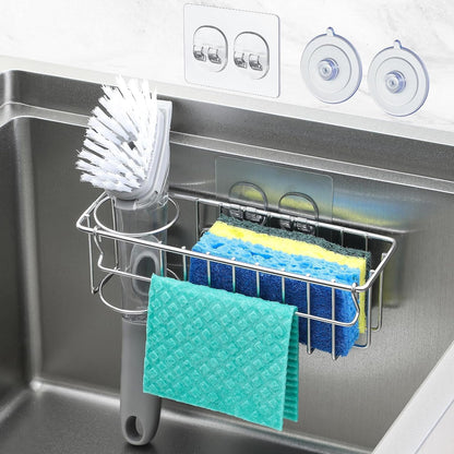 3-In-1 Sponge Holder for Kitchen Sink with Suction Cups & Adhesive Hook , In-Sink Sponge Holder, Wall Hanging Sink Caddy Organizer Rack - Sponge, Dish Cloth, Brush, Scrubber - 304 Stainless Steel1